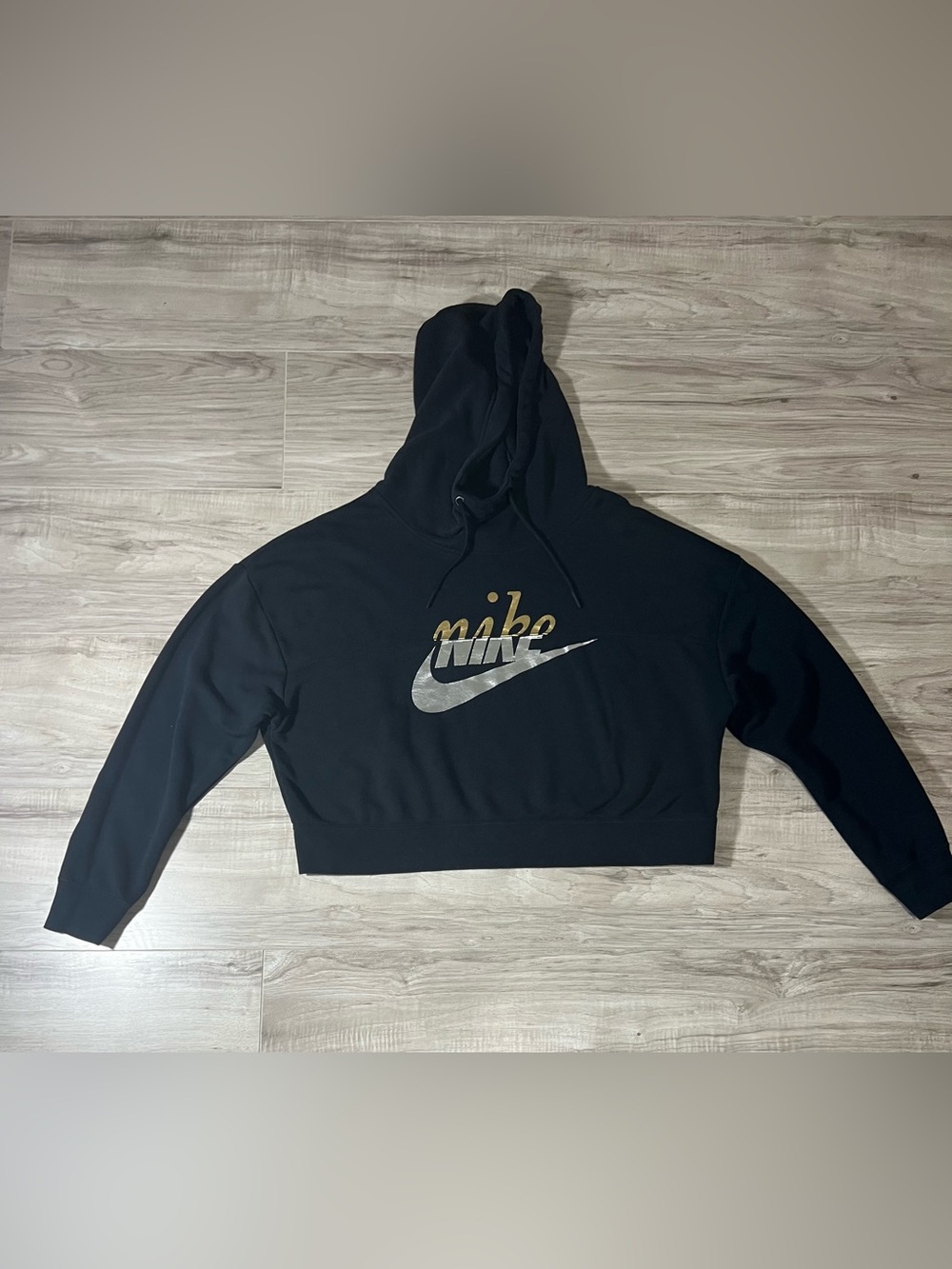 Nike Black Hoodie with Metallic Silver Swoosh and Gold Script